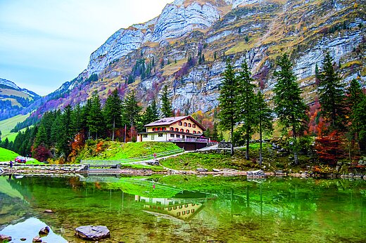 Appenzell,,Switzerland,-,October,24th,2021:,Berghotel,And,Restaurant,Seealpsee Appenzell,,Switzerland,-,October,24th,2021:,Berghotel,And,Restaurant,Seealpsee