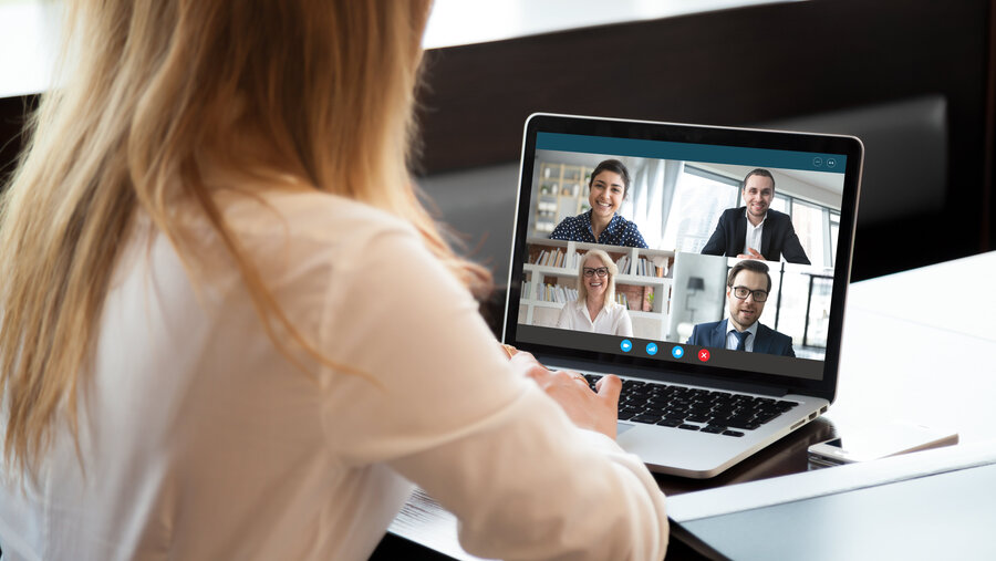 Back,View,Of,Businesswoman,Speak,Using,Webcam,Conference,On,Laptop